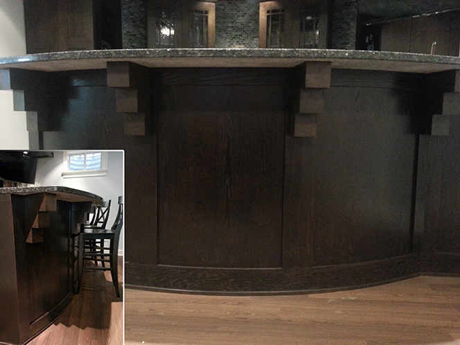 Curved bar front view with side view insert for basement remodel in Downers Grove | Platinum Builders