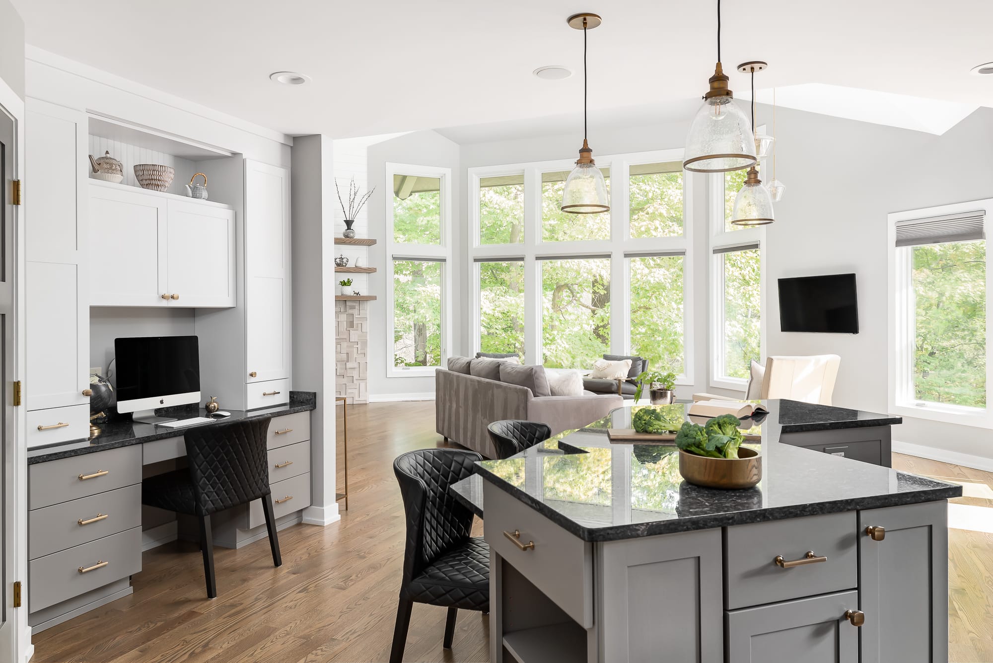 Kitchen remodel in Downers Grove - view from kitchen showing island, office nook and living room in background.