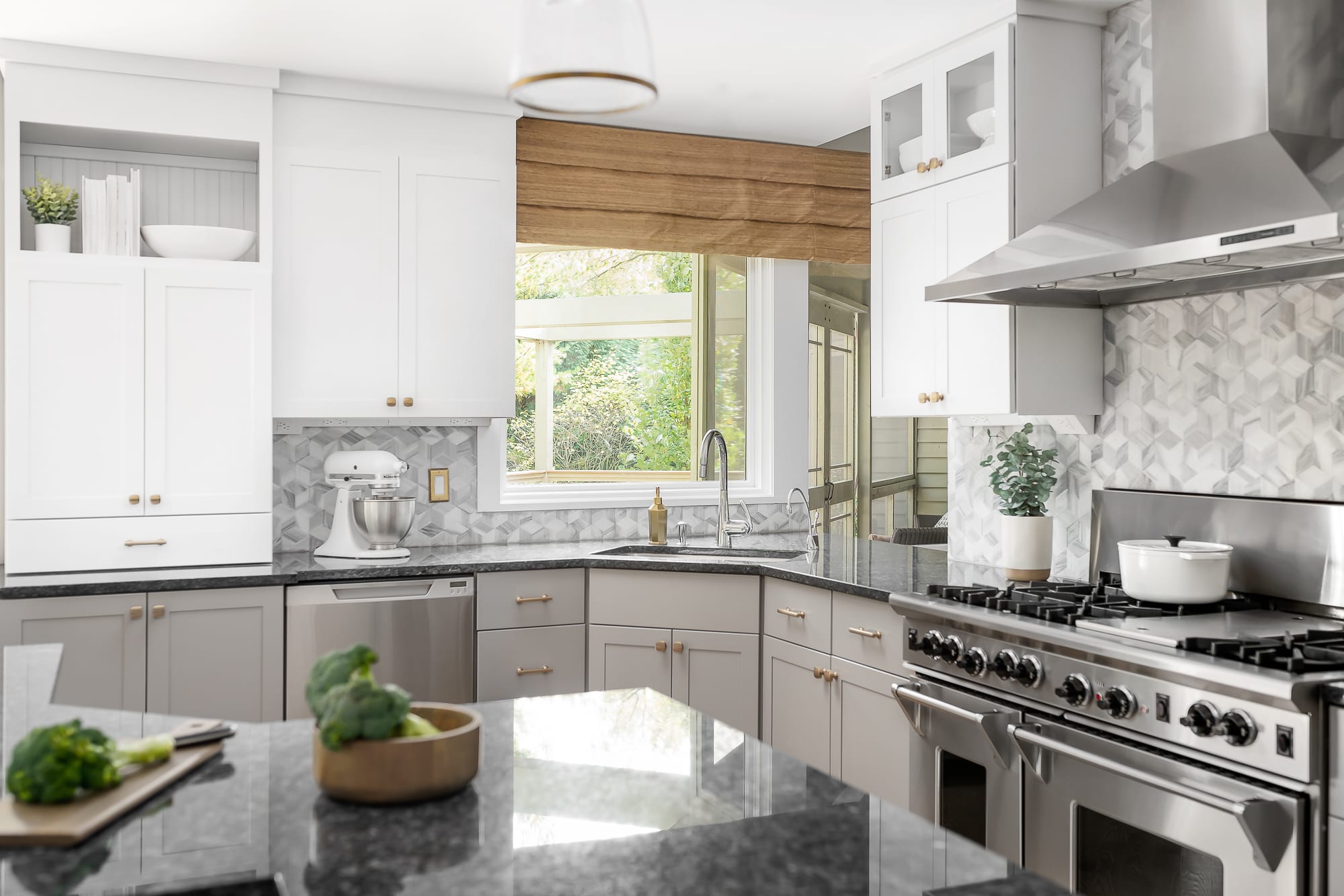 Kitchen remodel in Downers Grove - view of island, large range and sink.