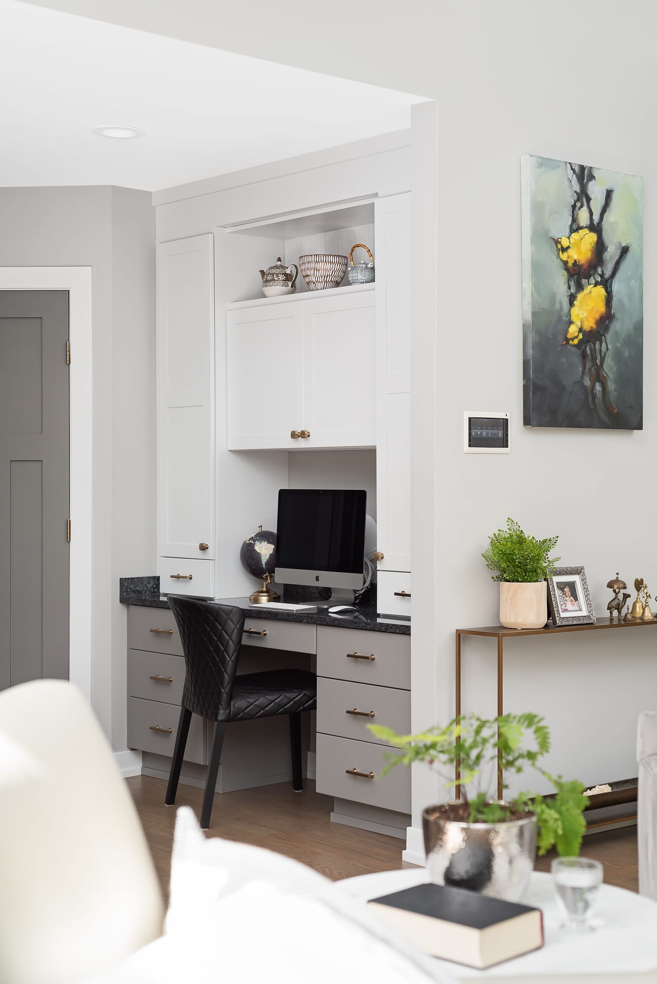 Kitchen remodel in Downers Grove - view of office nook in kitchen from Living Room couch.