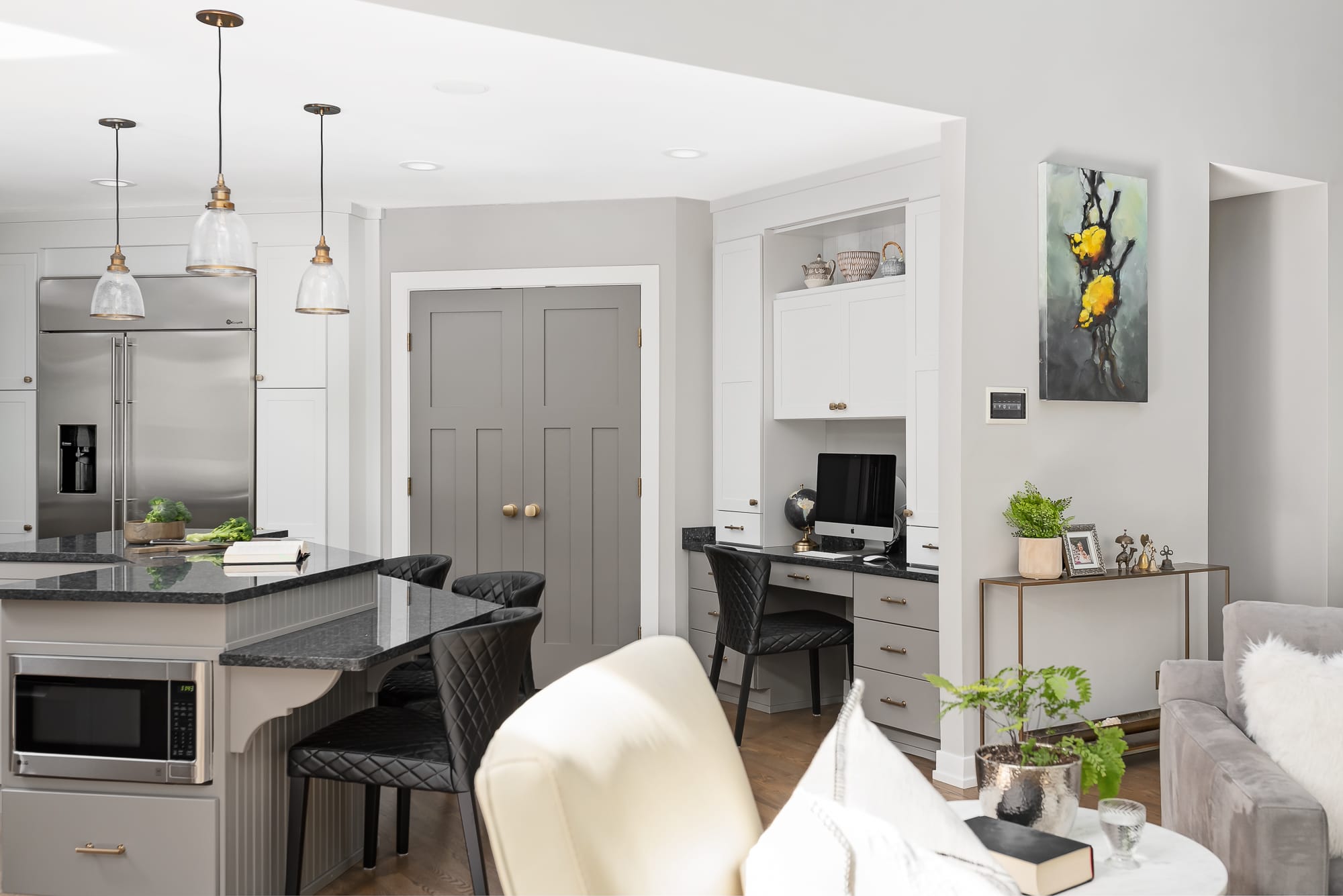 Kitchen remodel in Downers Grove - view of office nook, pantry and refrigerator from Living Room couch.