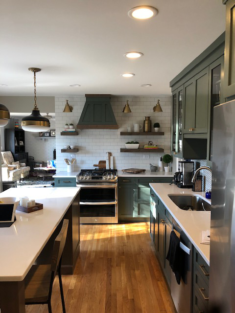 Kitchen renovation and design with painted cabinets and added open shelving - Platinum Builders